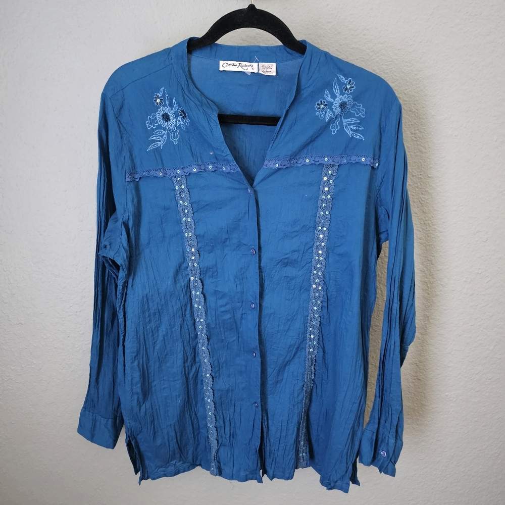 Vintage Claudia Richard 100% Cotton Blue Button Front Blouse Embroidered...